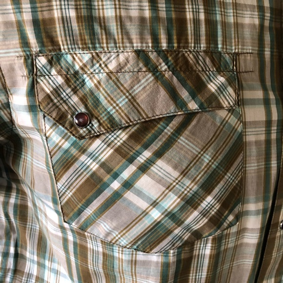 Prana Men's Size M Short Sleeve Pearl Snap shirt Plaid Cotton vintage western - Picture 12 of 16